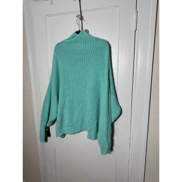 Free People Teal Blue Chunky Oversized Baggy Slouchy Turtleneck Sweater Medium - Picture 8 of 8